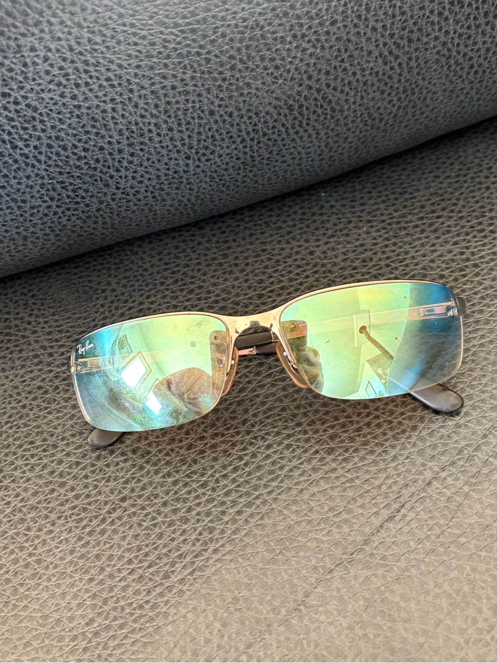 Ray-Ban Semi-Rimless Sunglasses with Green-Blue Mirrored Lenses
